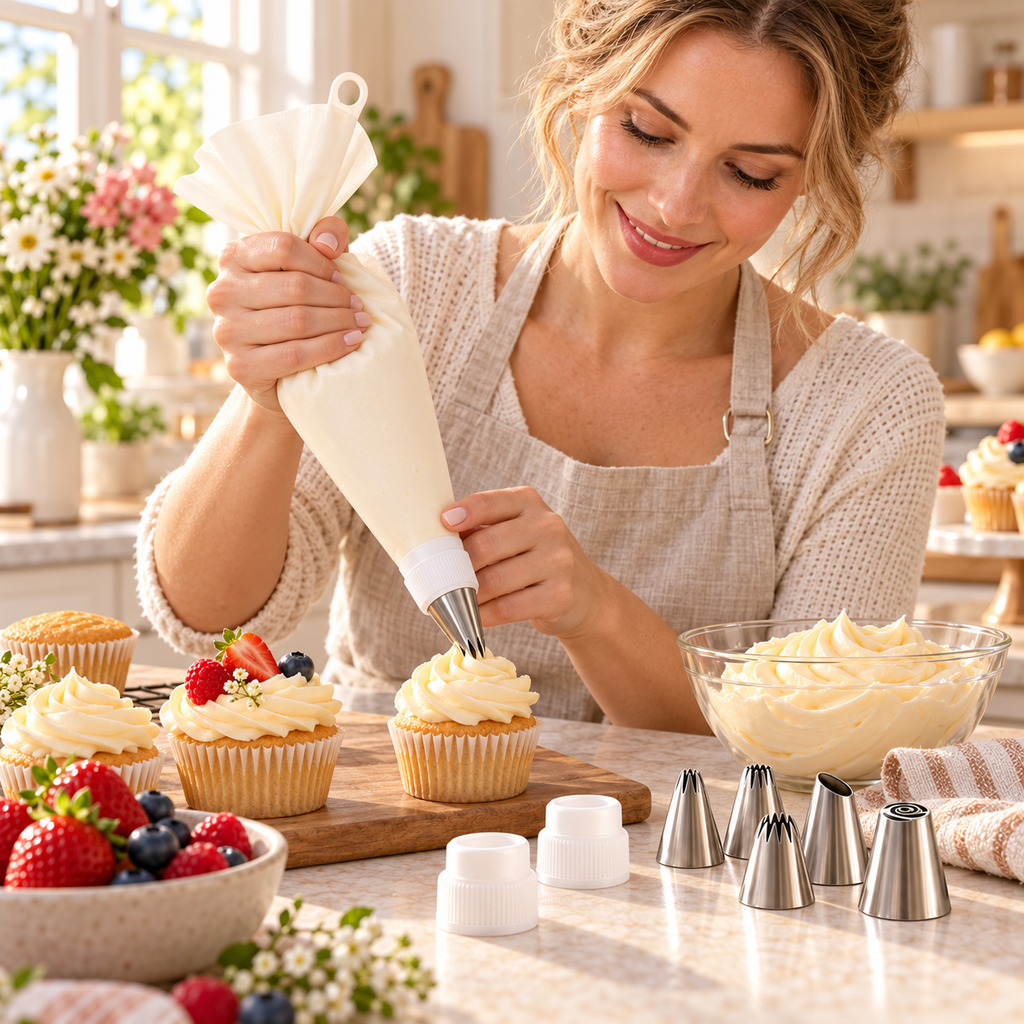Reusable Piping Bag Starter Kit in use by an adult Western woman in a bright home kitchen