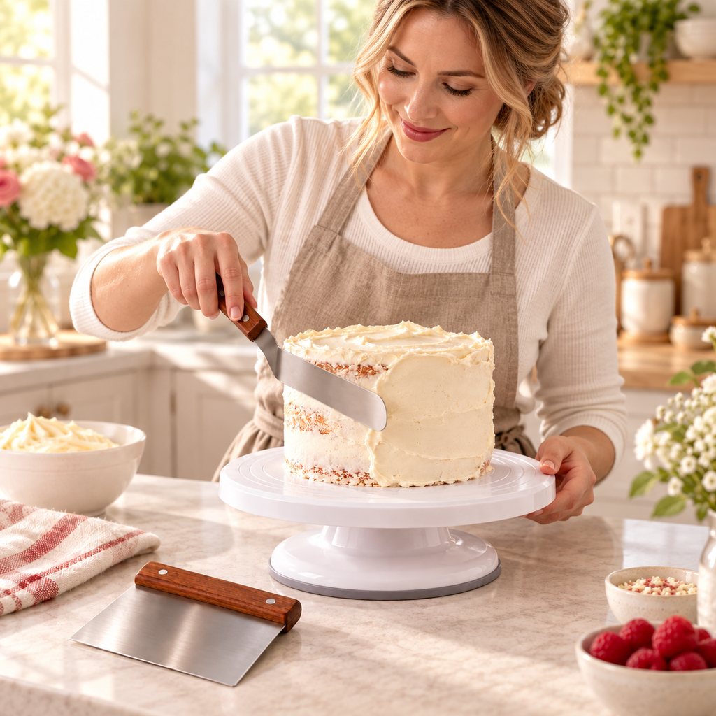 Rotating Cake Turntable and Spatula Set in use by an adult Western woman in a bright home kitchen