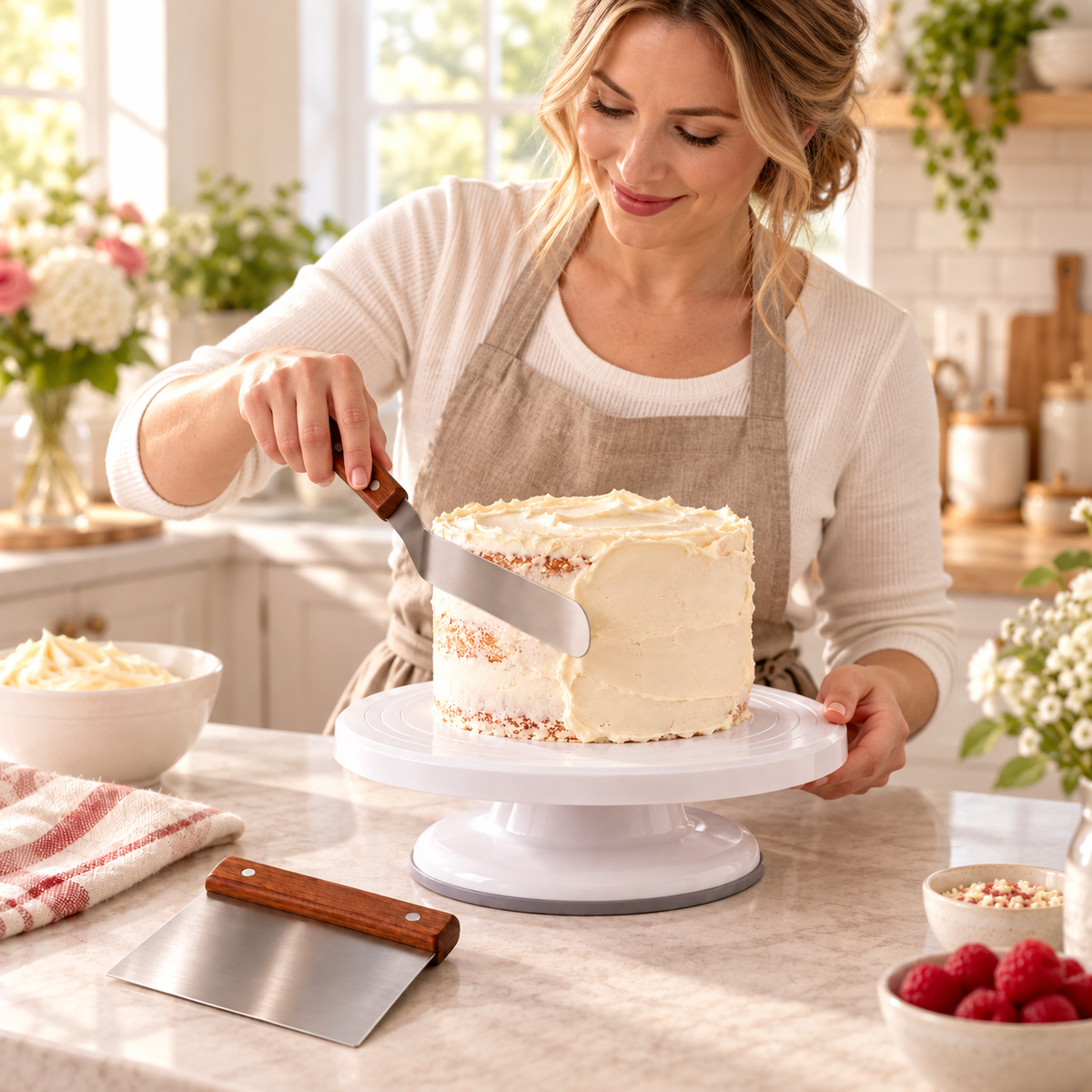 Rotating Cake Turntable and Spatula Set in use by an adult Western woman in a bright home kitchen