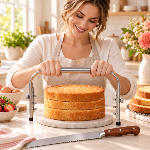 Cake Leveler and Slicer Guide in use by an adult Western woman in a bright home kitchen