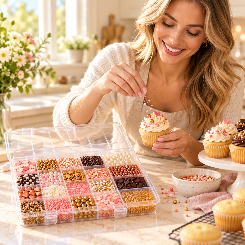 Sprinkle and Decoration Organizer Box in use by an adult Western woman in a bright home kitchen