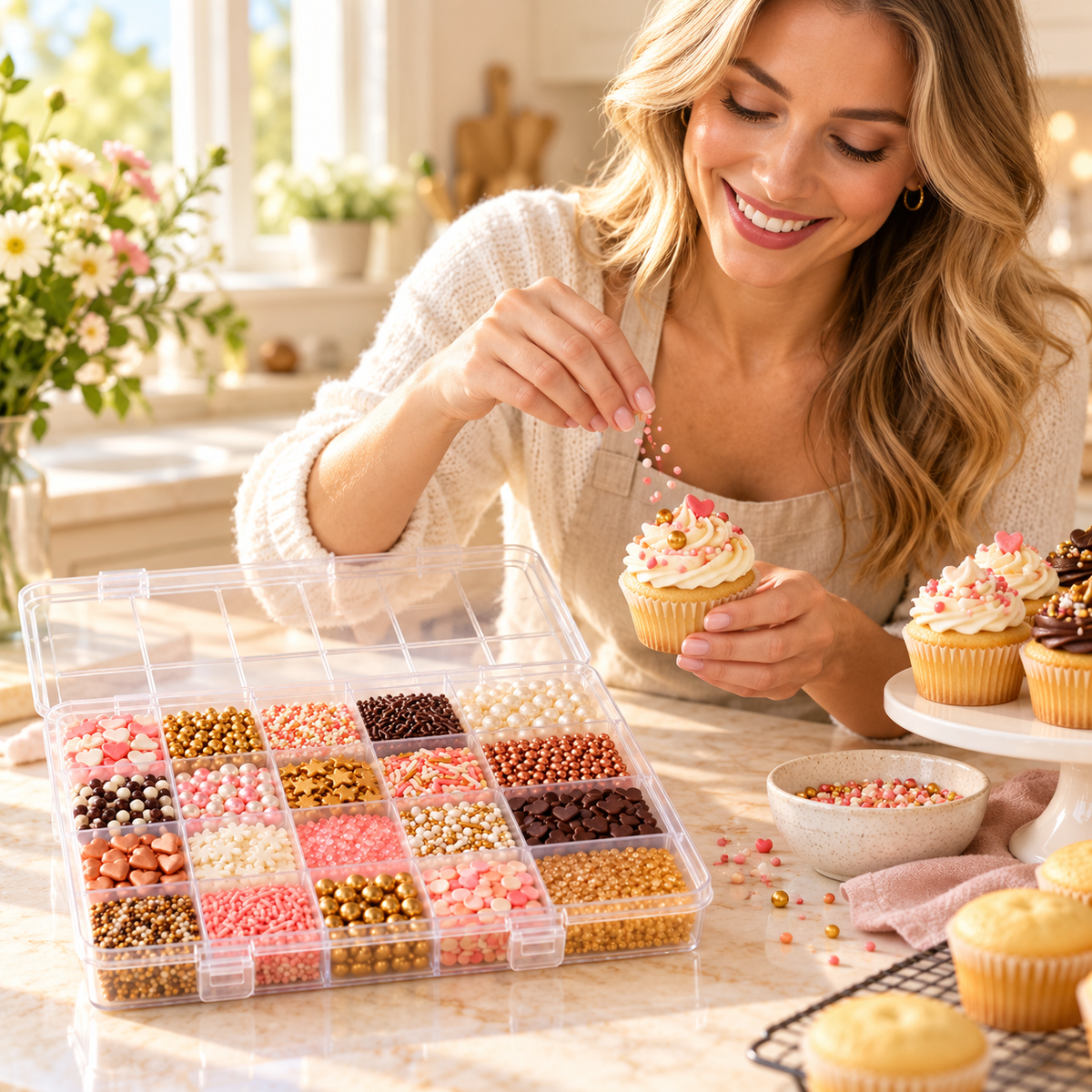 Sprinkle and Decoration Organizer Box in use by an adult Western woman in a bright home kitchen
