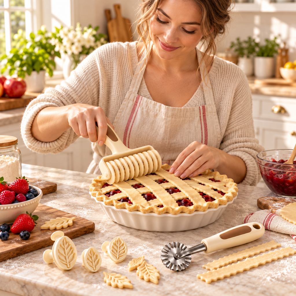 Pie Lattice and Crust Decorating Kit in use by an adult Western woman in a bright home kitchen