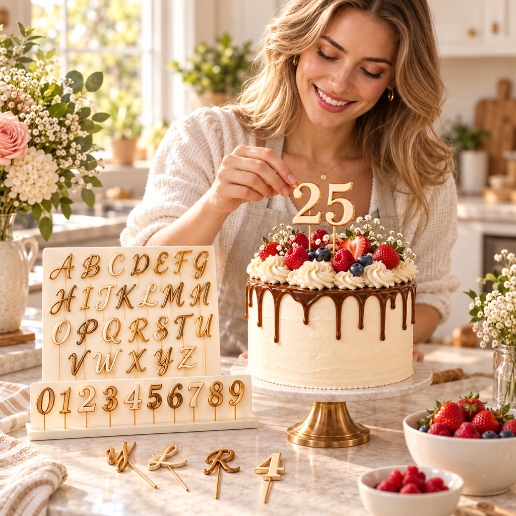 Letter and Number Cake Topper Set in use by an adult Western woman in a bright home kitchen